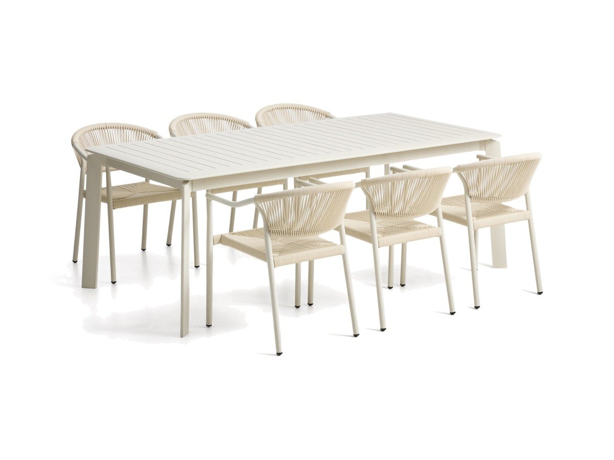 Kave Home Set met Brela uitschuifbare tafel van aluminium en 6 Livadia stapelbare stoelen van aluminium en synthetisch ecru touw 205(287) x 100 cm