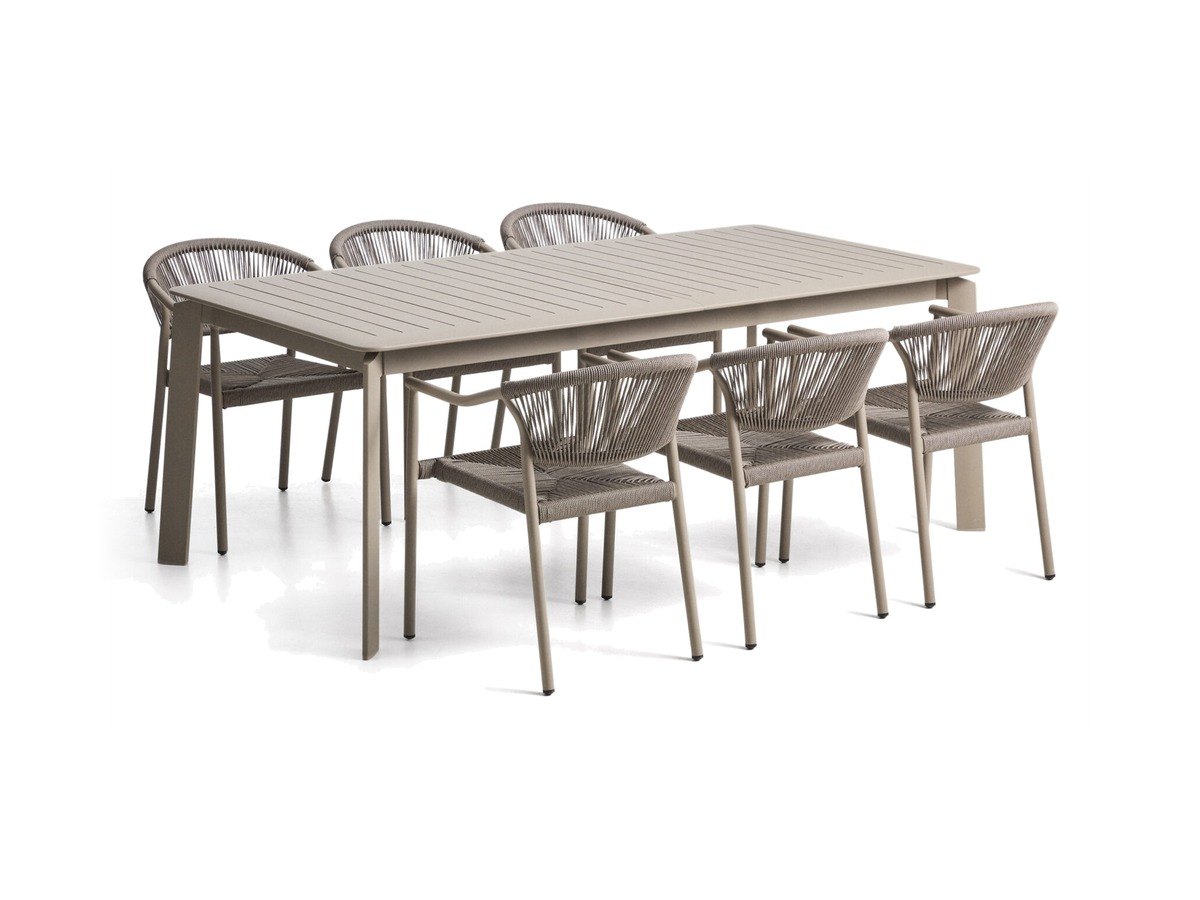 Kave Home Set met Brela uitschuifbare tafel van aluminium en 6 Livadia stapelbare stoelen van aluminium en synthetisch taupe touw 205(287) x 100 cm