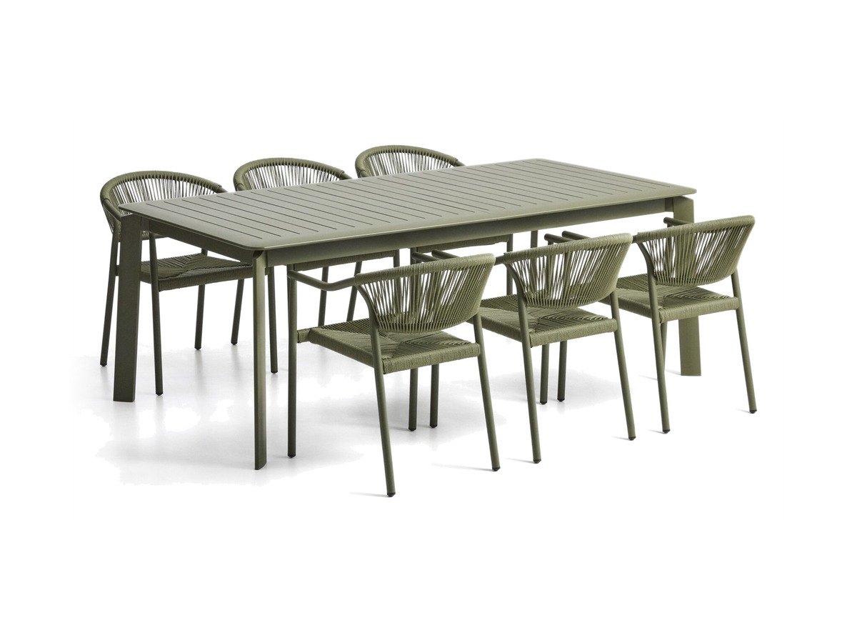 Kave Home Set met Brela uitschuifbare tafel van aluminium en 6 Livadia stapelbare stoelen van aluminium en synthetisch groen touw 205(287) x 100 cm