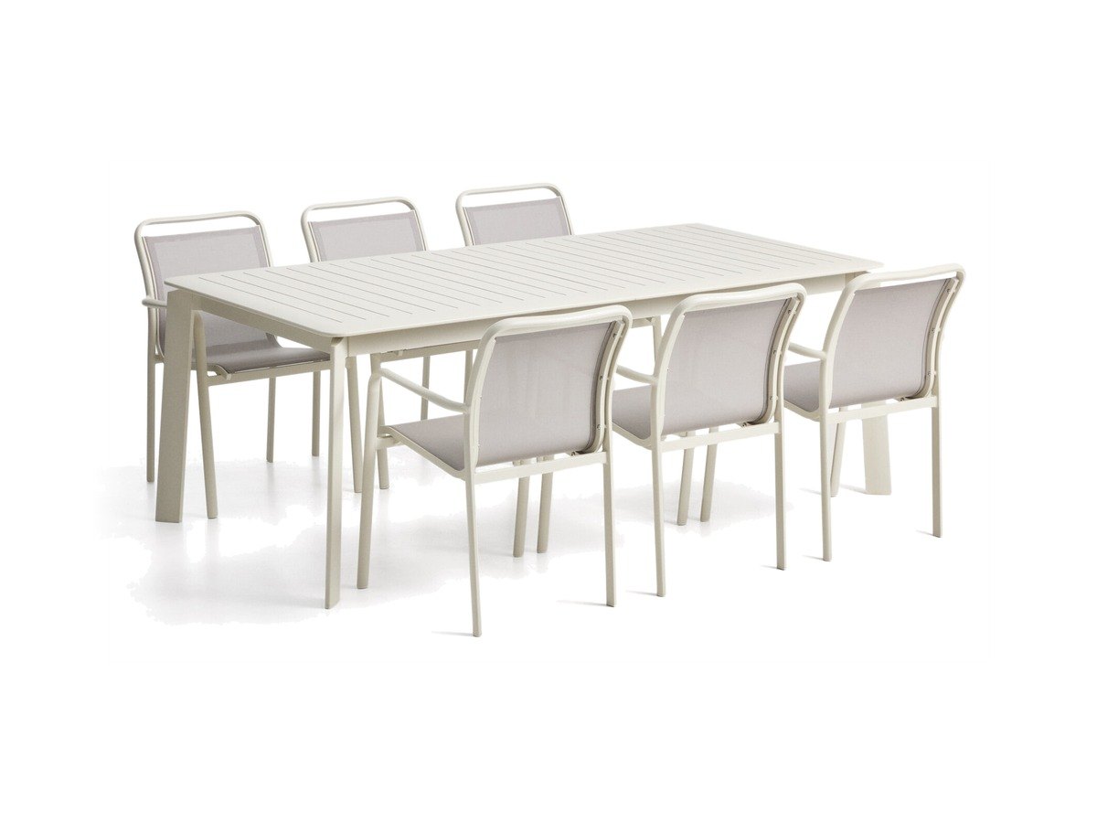 Kave Home Set met Brela uitschuifbare tafel van ecru aluminium en 6 Luri stoelen van ecru aluminium en beige textileen 205(287) x 100 cm