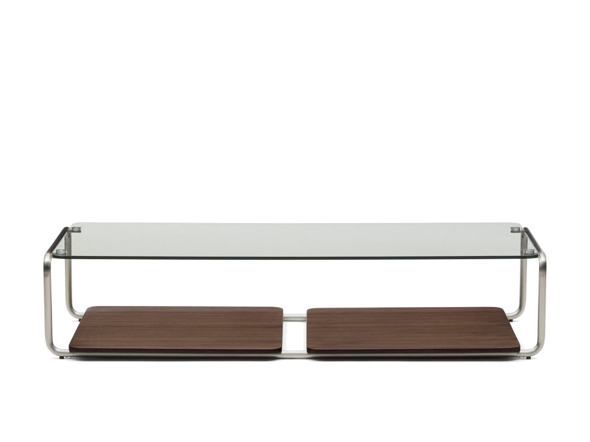 Kave Home Tarsel salontafel van gehard glas en een walnootfineer blad met geborsteld roestvrij stalen frame 140 x 60 cm