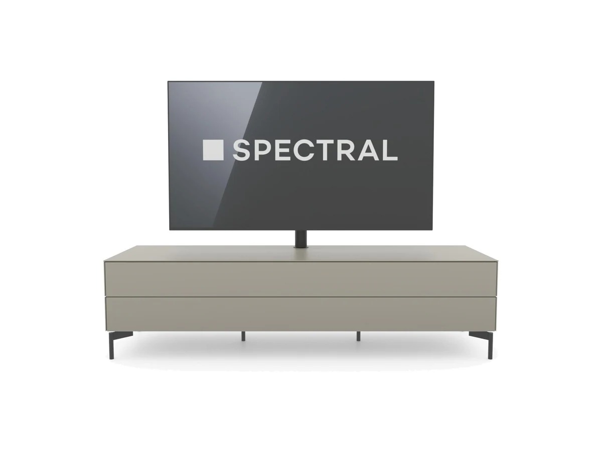 Spectral Core tv-meubel van 165 cm in Sand glas met draaibare tv-kolom, vrijstaand op wit