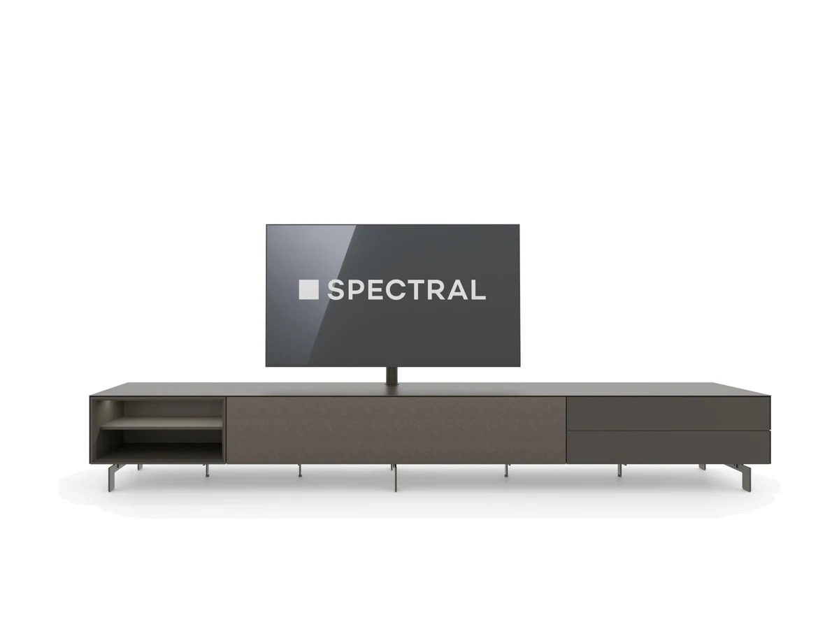 Spectral Core tv-meubel van 300 cm in Espresso glas met open box, soundbar-klep en laden, vrijstaand op wit