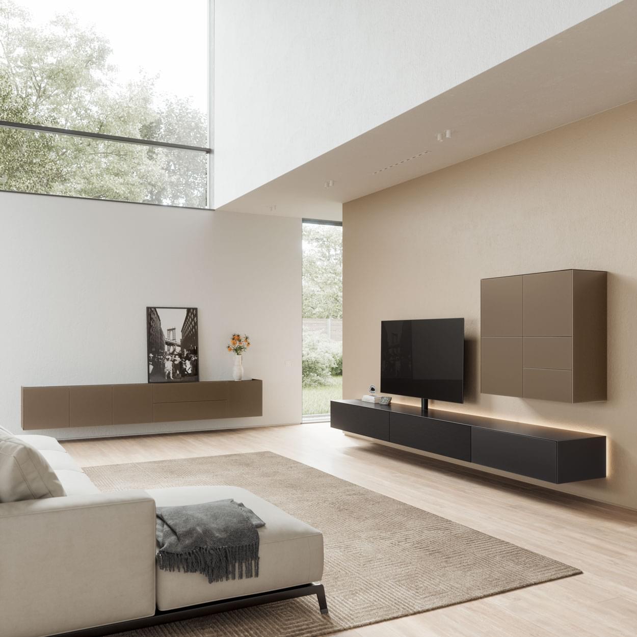 Spectral Core tv-meubel in zwart in een hoge woonkamer
