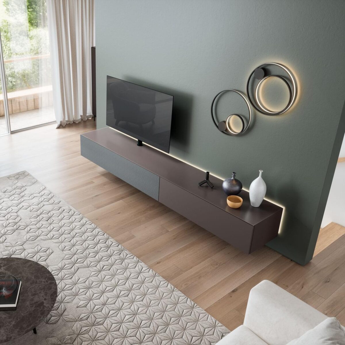 Spectral Core tv-meubel in Espresso, zwevend met wandverlichting