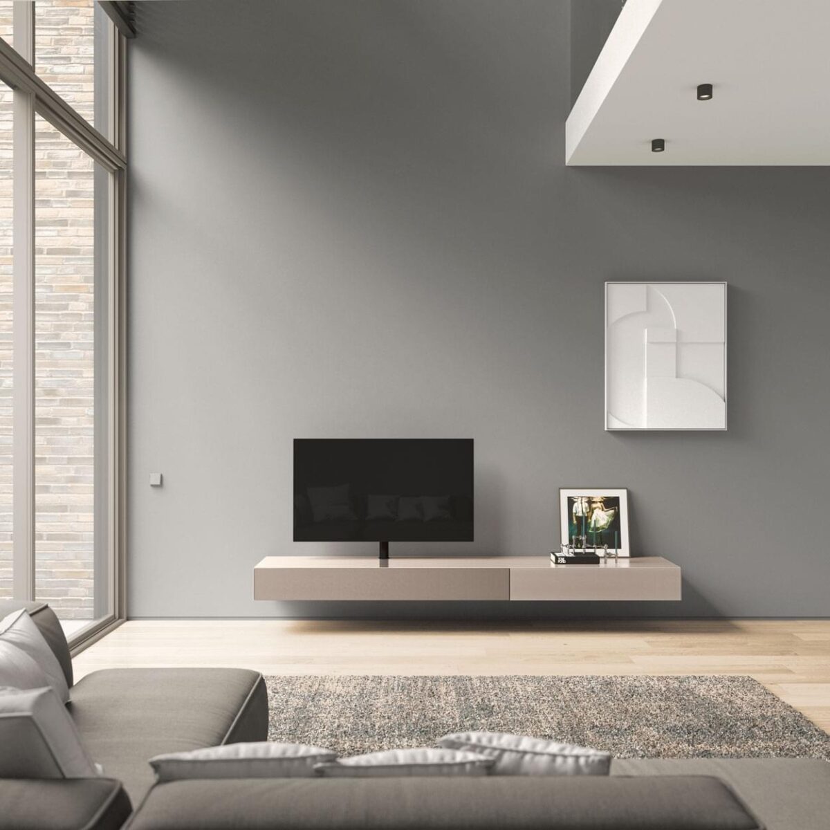 Spectral Core tv-meubel in Pebble in een woonkamer