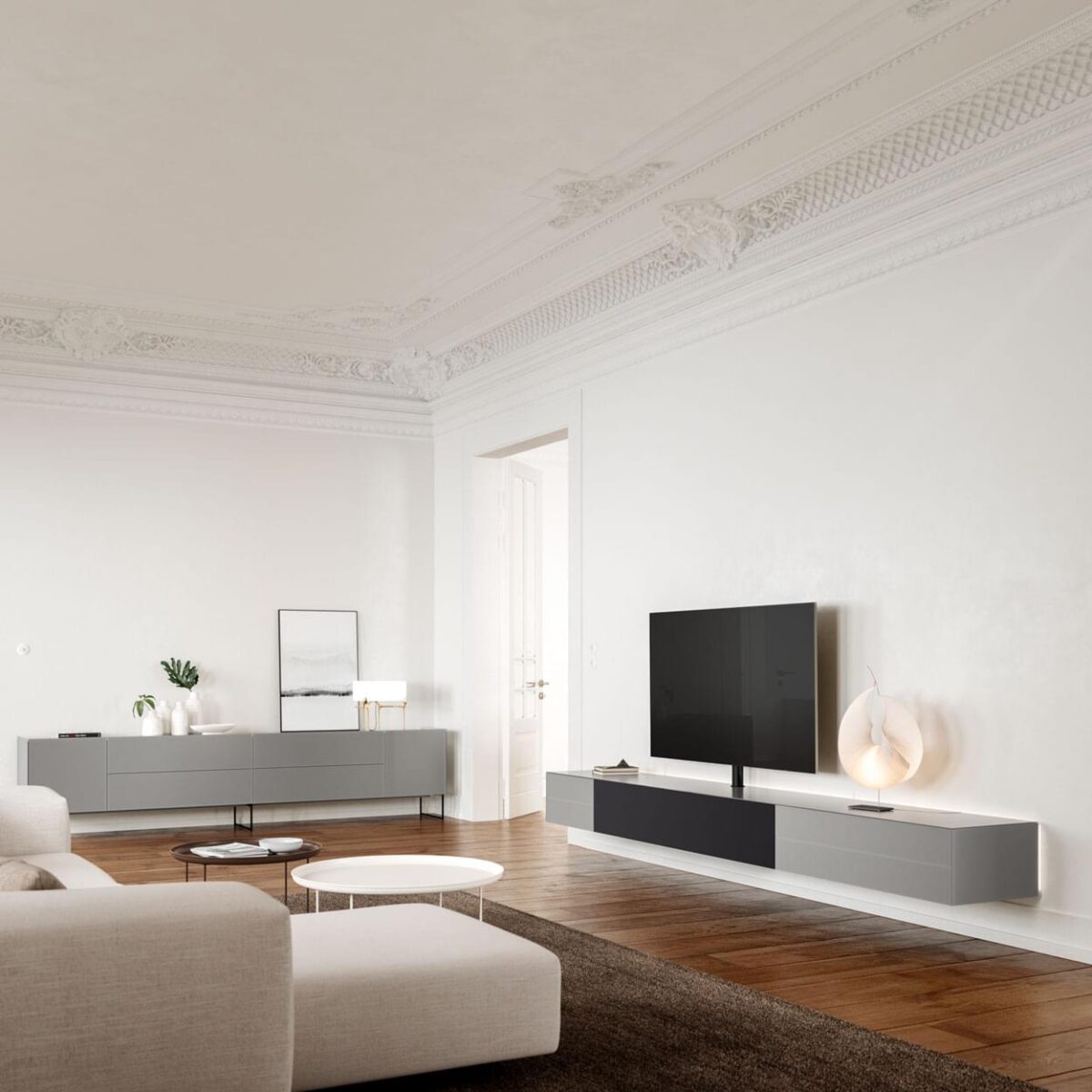 Spectral Core tv-meubel in Slate Grey in een lichte woonkamer
