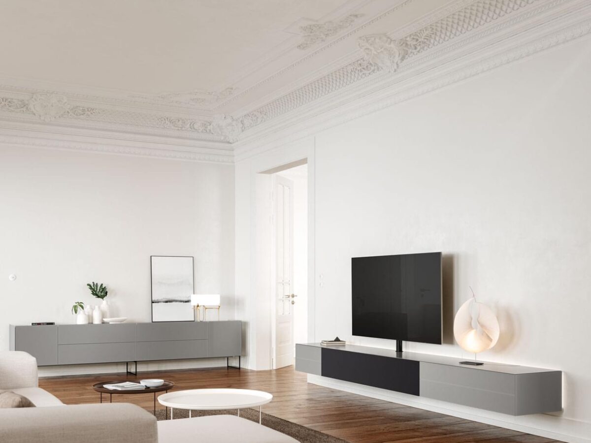 Spectral Core tv-meubel in Slate Grey in een lichte woonkamer