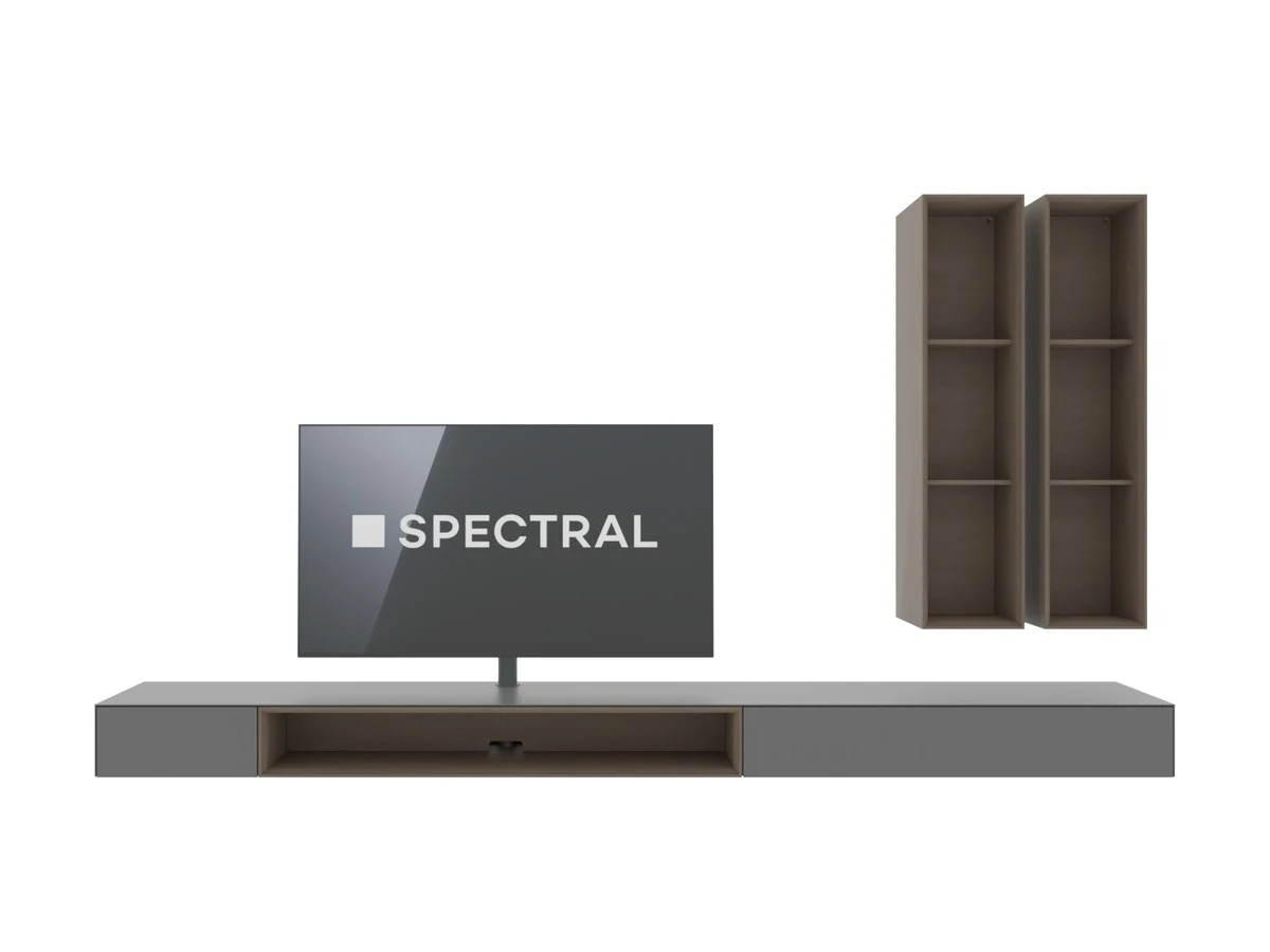 Zwevend Spectral Core tv-meubel van 300 cm in Slate Grey met twee Side wandboxen, vrijstaand op wit